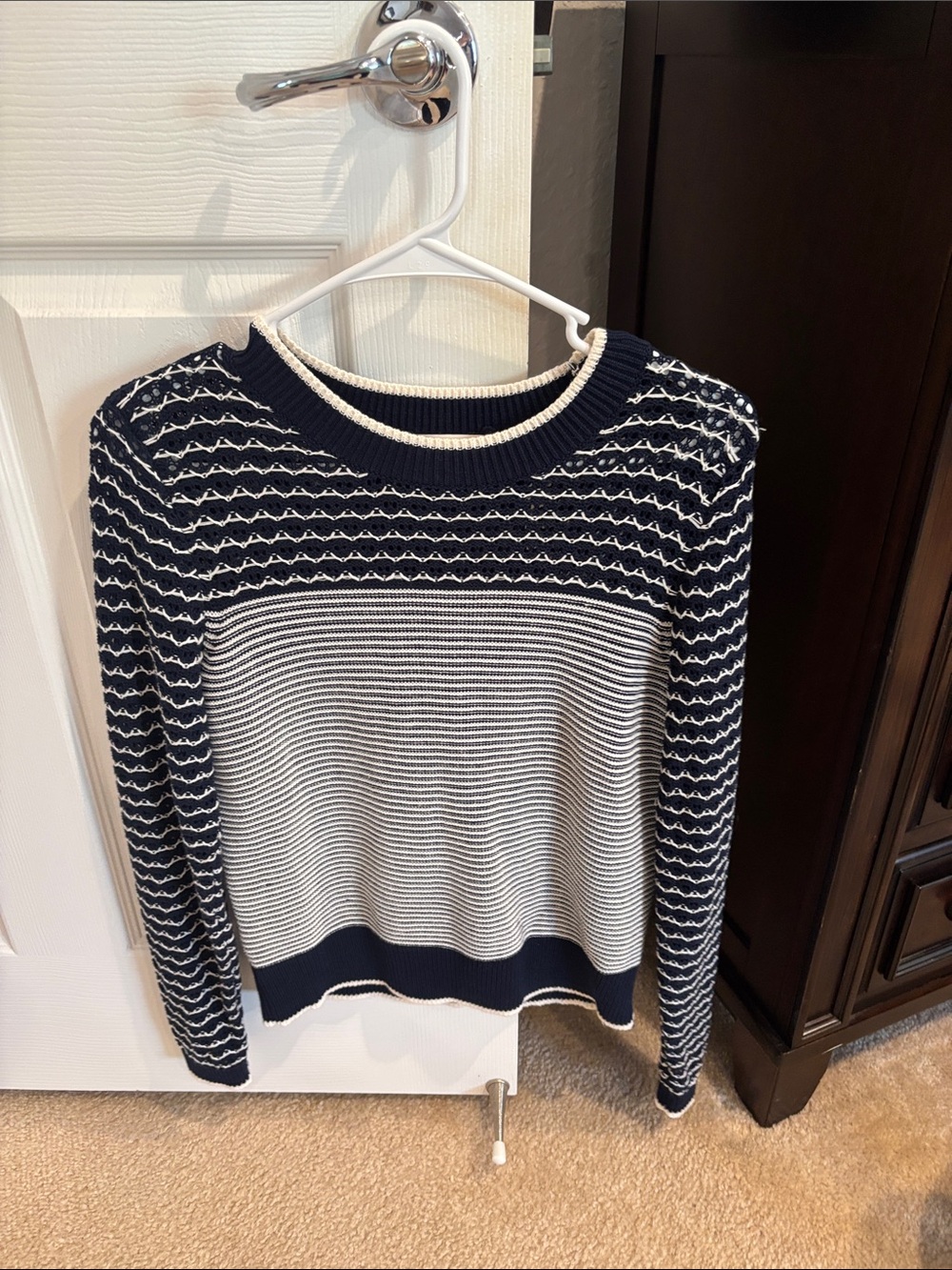 LOFT Navy and White Striped Knit Sweater